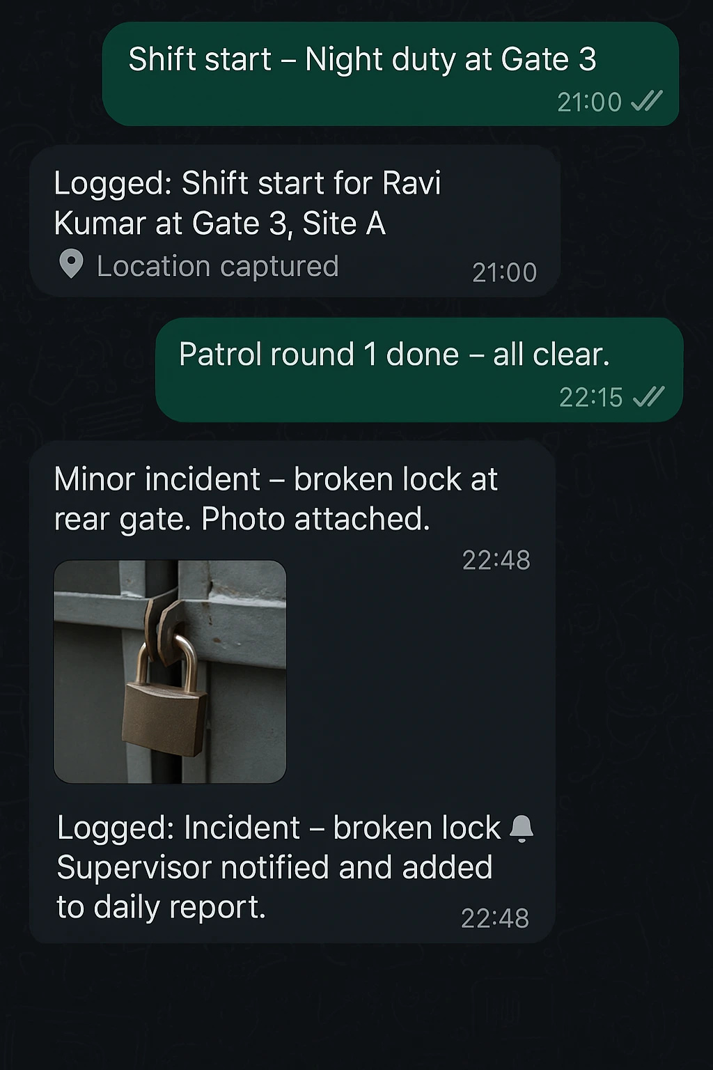 FieldLite guard WhatsApp messages for shift start, patrol and incident