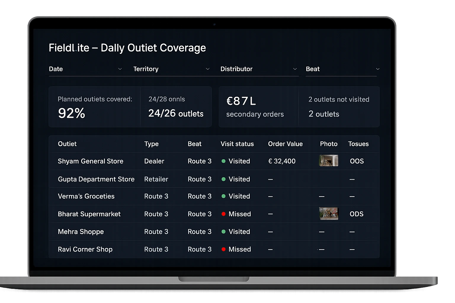 FieldLite daily field-sales reporting dashboard