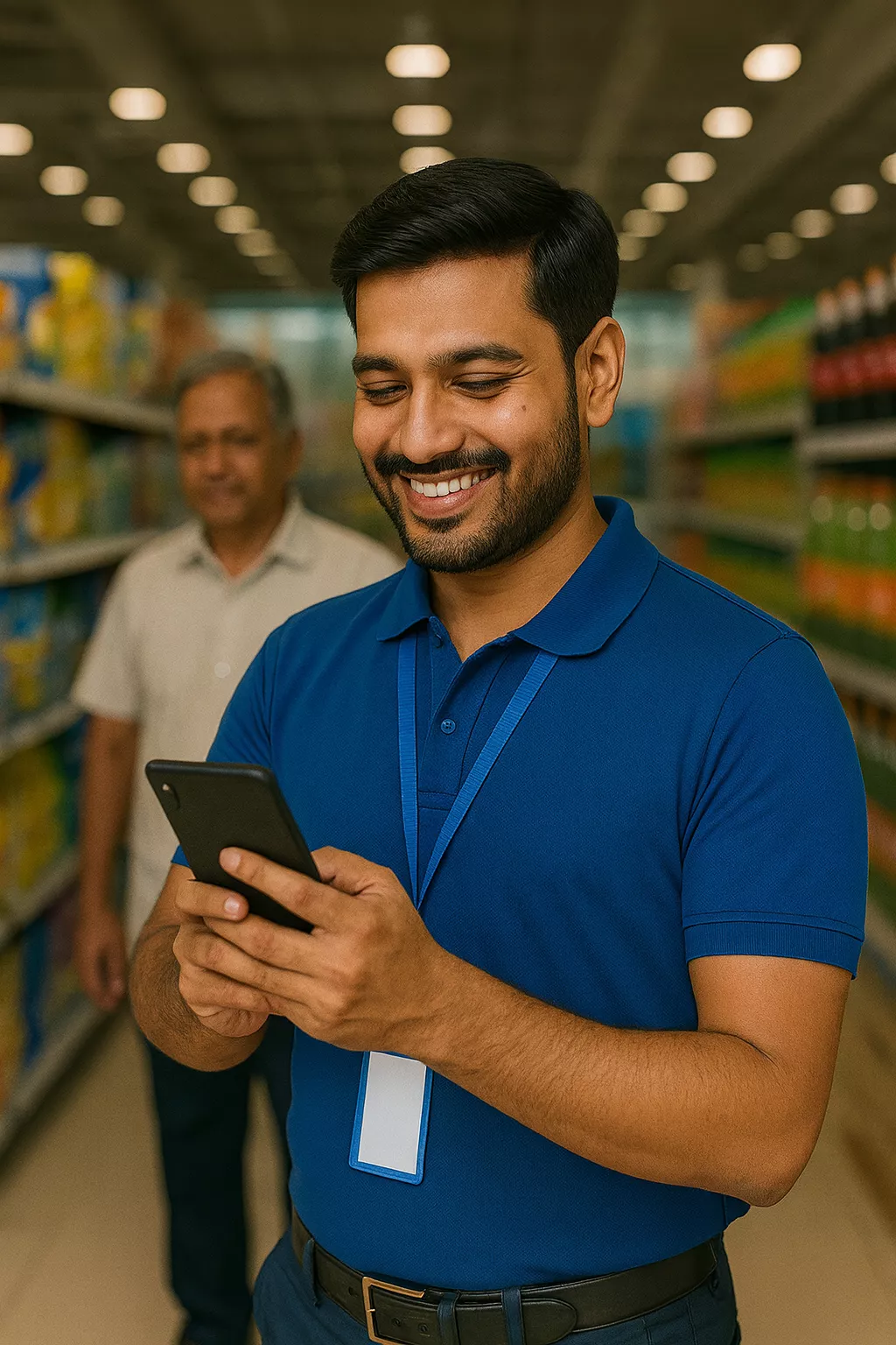 FieldLite field rep using WhatsApp during a dealer or retailer visit
