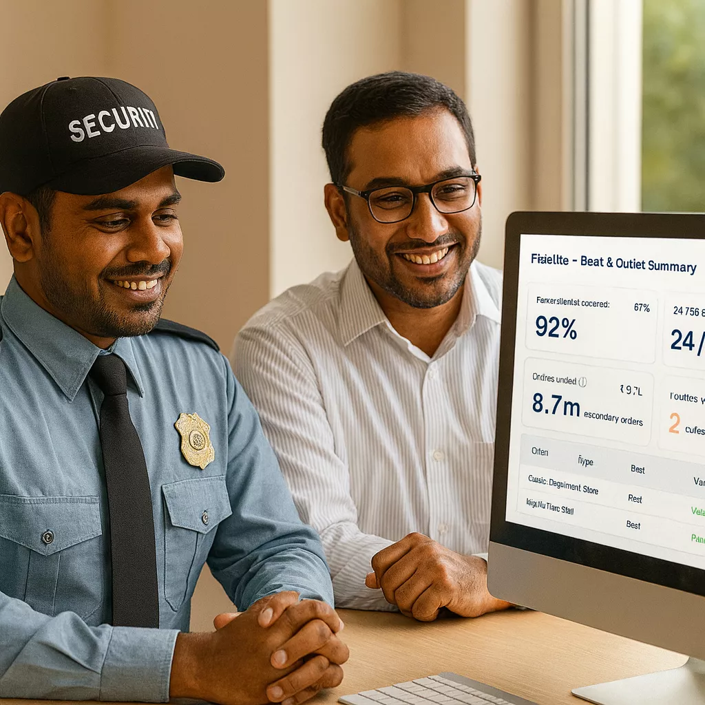 Security guard and supervisor reviewing Field-Team Lite security dashboard
